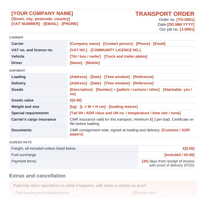 Transport order (EU version): first page of the Word template in the booking and carrier kit