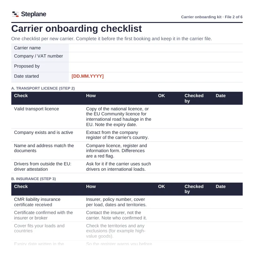 Onboarding checklist: first page of the Word template in the carrier onboarding kit