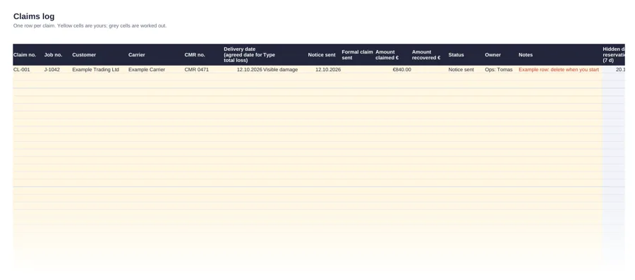 Claims log (Excel): the log with an example row