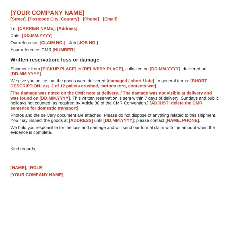 Claim letter to the carrier: first page of the Word template in the claims and damage kit
