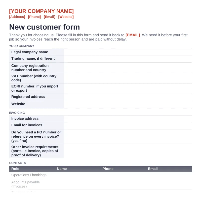 New customer form: first page of the Word template in the customer onboarding kit