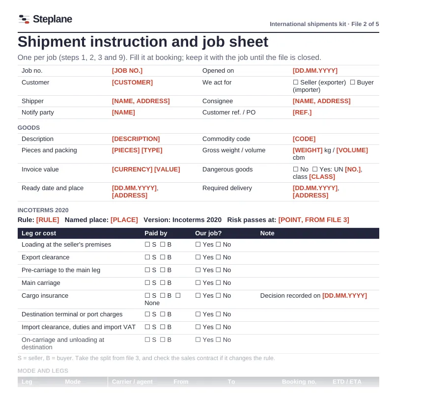 Shipment instruction and job sheet: first page of the Word template in the international shipments kit