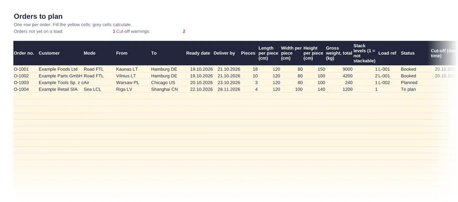 Planning board (Excel): orders with volume, loading metres, chargeable weight and cut-off warnings