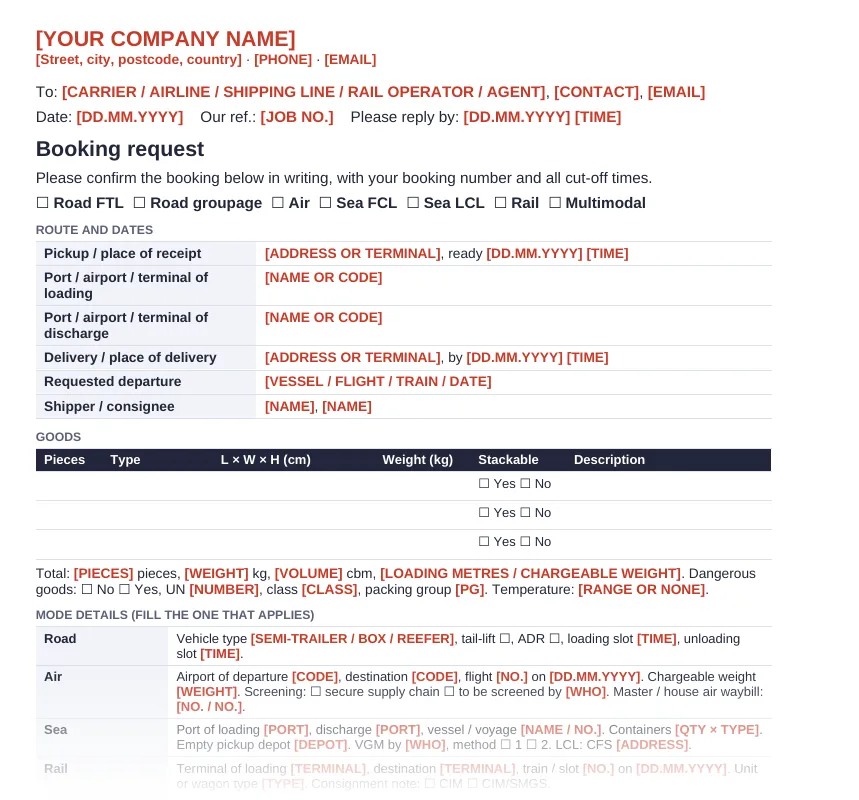 Booking request: first page of the Word template in the load and capacity planning kit