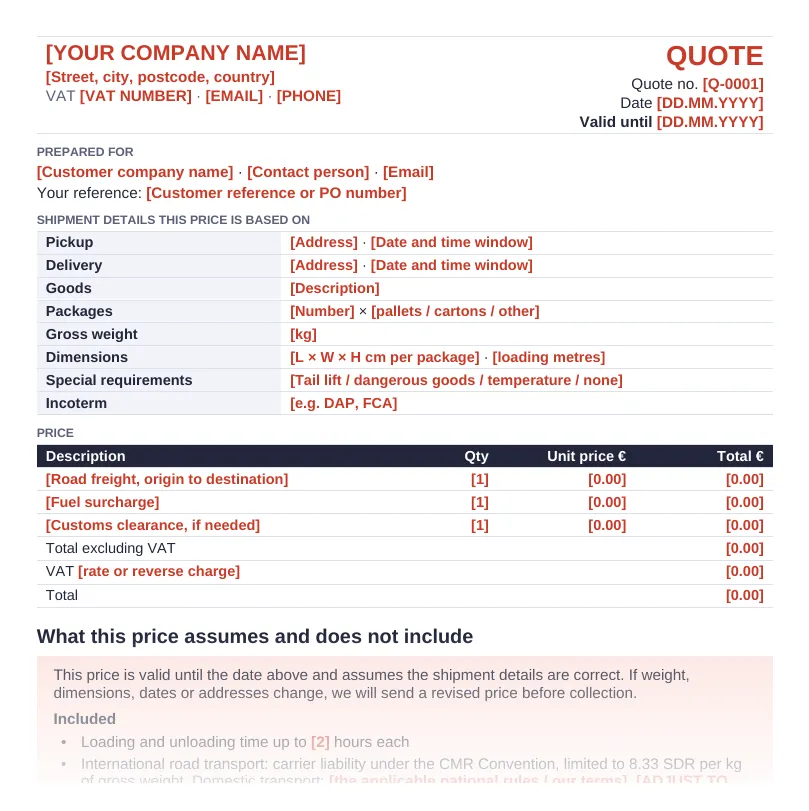 Quote template (EU version): first page of the Word template in the quote to invoice kit