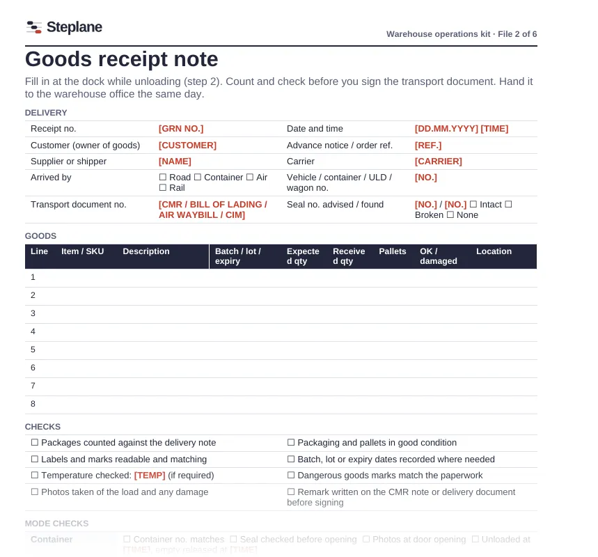 Goods receipt note: first page of the Word template in the warehouse operations kit